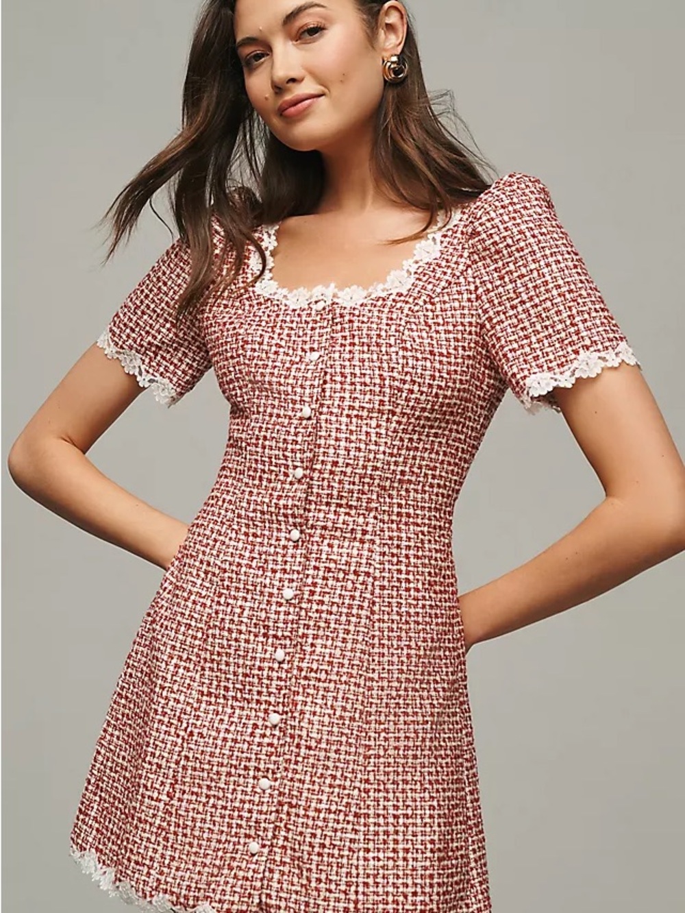 Reformation Red Tweed Mini Dress with White Lace Trim - Picture 2 of 5